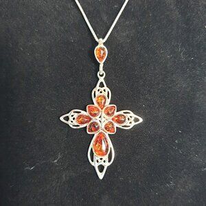 Wonderful 2.25’’ Large Baltic Amber Sterling Silver Cross Pendant Necklace